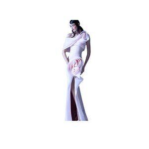 MNM Couture G0935 Off-Shoulder Pink Gown With Floral Ruffle Detail & High Slit